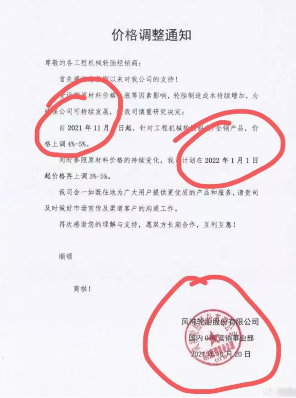 風(fēng)神輪胎、固鉑輪胎則宣布宣布旗下部分輪胎產(chǎn)品將分別于2022年1月、2021年12月1日開(kāi)始價(jià)格最高上調(diào)5%。 風(fēng)神輪胎、固鉑輪胎則宣布宣布旗下部分輪胎產(chǎn)品將分別于2022年1月、2021年12月1日開(kāi)始價(jià)格最高上調(diào)5%。