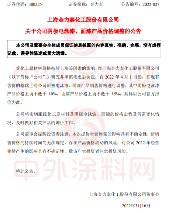 陰極電泳漆產(chǎn)品價格上調(diào)不低于10%,面漆產(chǎn)品價格上調(diào)不低于15%。 陰極電泳漆產(chǎn)品價格上調(diào)不低于10%,面漆產(chǎn)品價格上調(diào)不低于15%。