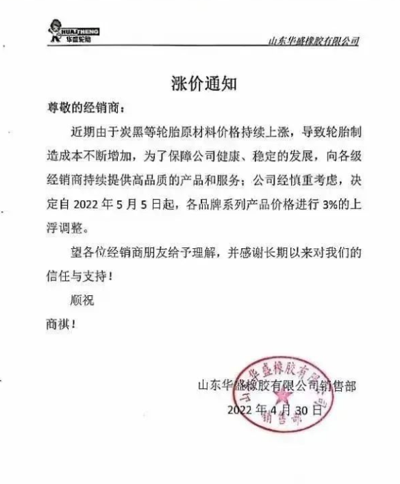 山東華盛橡膠有限公司決定自2022年5月5日起,各品牌系列產(chǎn)品價(jià)格進(jìn)行3%的上浮調(diào)整。 山東華盛橡膠有限公司決定自2022年5月5日起,各品牌系列產(chǎn)品價(jià)格進(jìn)行3%的上浮調(diào)整。
