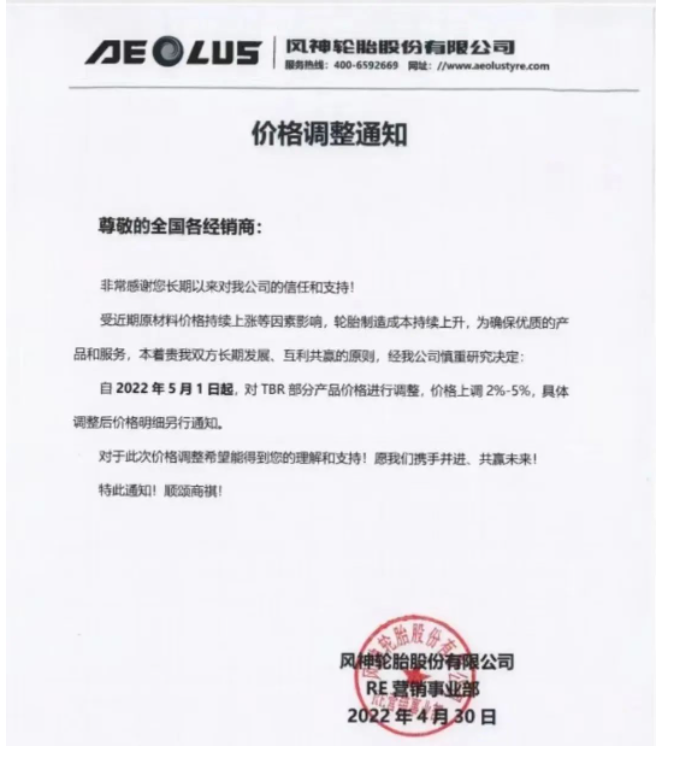 風(fēng)神輪胎決定從2022年5月1日起,對(duì)TBR部分產(chǎn)品價(jià)格調(diào)整,價(jià)格上調(diào)2%-5%。 風(fēng)神輪胎決定從2022年5月1日起,對(duì)TBR部分產(chǎn)品價(jià)格調(diào)整,價(jià)格上調(diào)2%-5%。