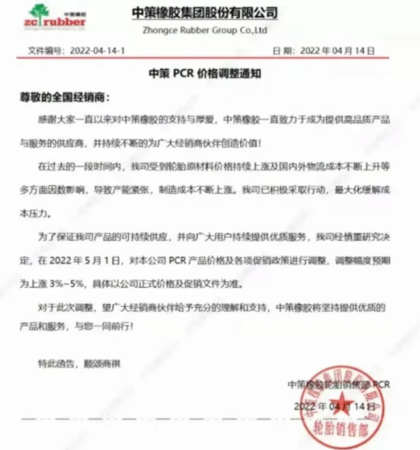 中策橡膠決定從2022年5月1日起,對(duì)本公司PCR產(chǎn)品價(jià)格及各項(xiàng)促銷政策進(jìn)行調(diào)整,調(diào)整幅度預(yù)期為上漲3%-5%。 中策橡膠決定從2022年5月1日起,對(duì)本公司PCR產(chǎn)品價(jià)格及各項(xiàng)促銷政策進(jìn)行調(diào)整,調(diào)整幅度預(yù)期為上漲3%-5%。