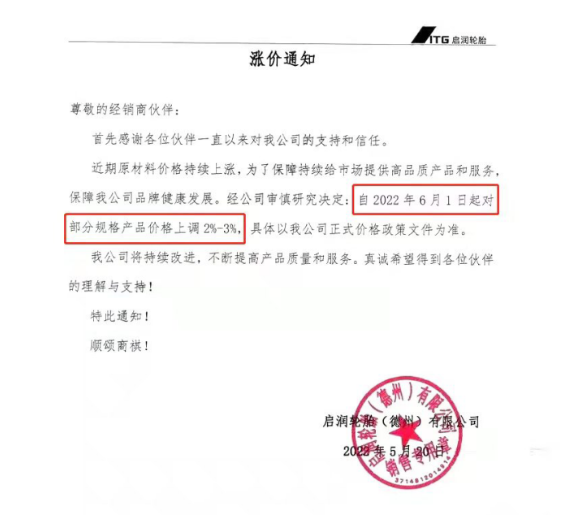 啟潤輪胎6月漲價 宣布自6月1日起對部分規格產品價格上調2%-3%。 啟潤輪胎6月漲價 宣布自6月1日起對部分規格產品價格上調2%-3%。