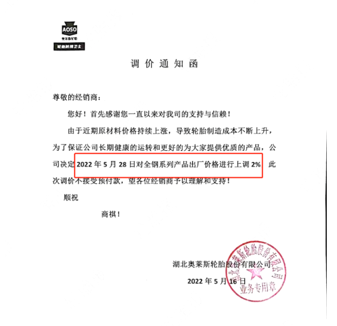 湖北奧萊斯輪胎也宣布漲價，同樣由于制造成本的上升，宣布自5月28日起，對全鋼系列產(chǎn)品出廠價上調(diào)2%。