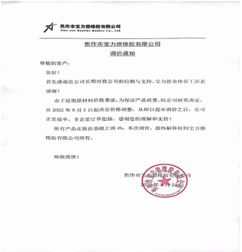 焦作市寶力德橡膠宣布自9月5日起,所有產(chǎn)品在原價(jià)基礎(chǔ)上上調(diào)4%。 焦作市寶力德橡膠宣布自9月5日起,所有產(chǎn)品在原價(jià)基礎(chǔ)上上調(diào)4%。