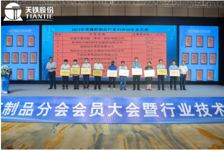 中國橡膠工業協會副會長兼秘書長雷昌純、分會第九屆理事長王永剛為2022年度中橡協橡膠制品行業TOP10企業頒發牌匾。