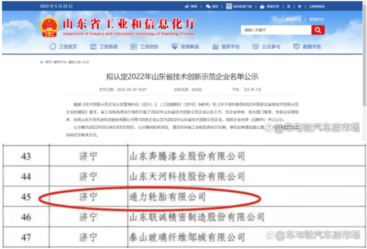 5月23日，山東省工業和信息化廳公布“2022年山東省技術創新示范企業”擬認定名單，通力輪胎赫然在列。
