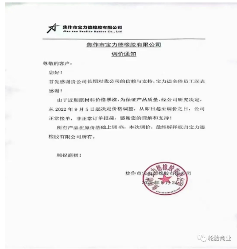 2022年8月24日,焦作市寶力德橡膠有限公司發(fā)布漲價通知,從2022年9月5日起決定價格調整,所有產品在原價基礎上上調4%。 2022年8月24日,焦作市寶力德橡膠有限公司發(fā)布漲價通知,從2022年9月5日起決定價格調整,所有產品在原價基礎上上調4%。