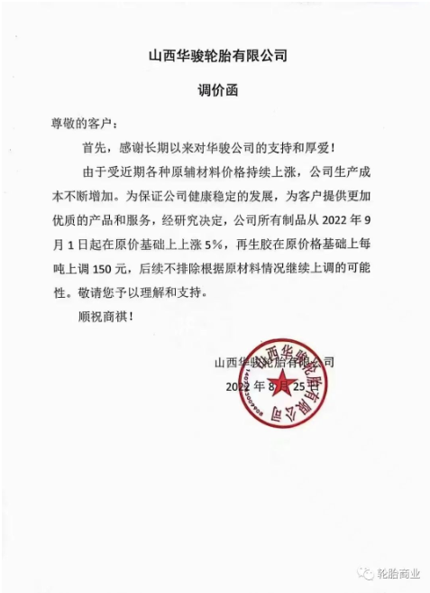陜西華駿輪胎有限公司決定所有制品從2022年9月1日起在原價基礎上上漲5%,再生膠在原價格基礎上每噸上調150%。而且后續(xù)不排除繼續(xù)漲價的可能。 陜西華駿輪胎有限公司決定所有制品從2022年9月1日起在原價基礎上上漲5%,再生膠在原價格基礎上每噸上調150%。而且后續(xù)不排除繼續(xù)漲價的可能。