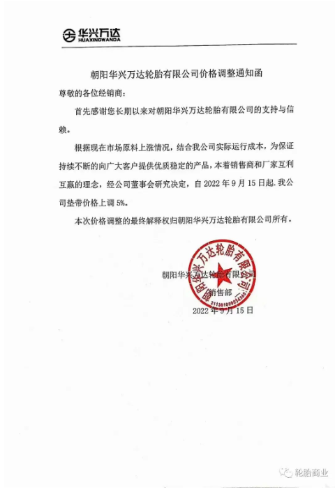 2022年9月15日,朝陽華興萬達輪胎有限公司發(fā)布價格調整通知,自2022年9月15日起,公司墊帶價格上調5%。 2022年9月15日,朝陽華興萬達輪胎有限公司發(fā)布價格調整通知,自2022年9月15日起,公司墊帶價格上調5%。