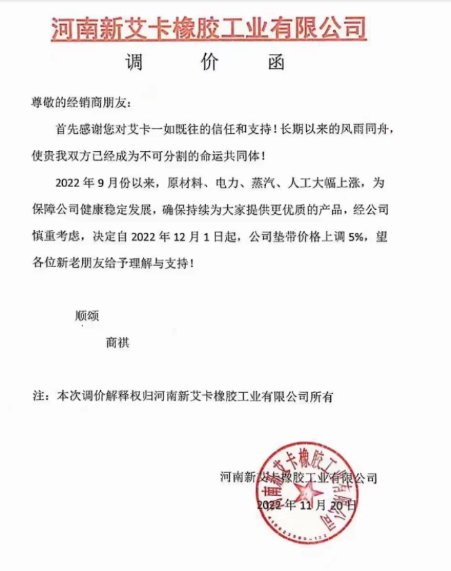 河南新艾卡橡膠工業(yè)有限公司表示,2022年9月以來,原材料、電力、蒸汽、人工大幅上漲,自12月1日起,墊帶價格上調5%。 河南新艾卡橡膠工業(yè)有限公司表示,2022年9月以來,原材料、電力、蒸汽、人工大幅上漲,自12月1日起,墊帶價格上調5%。