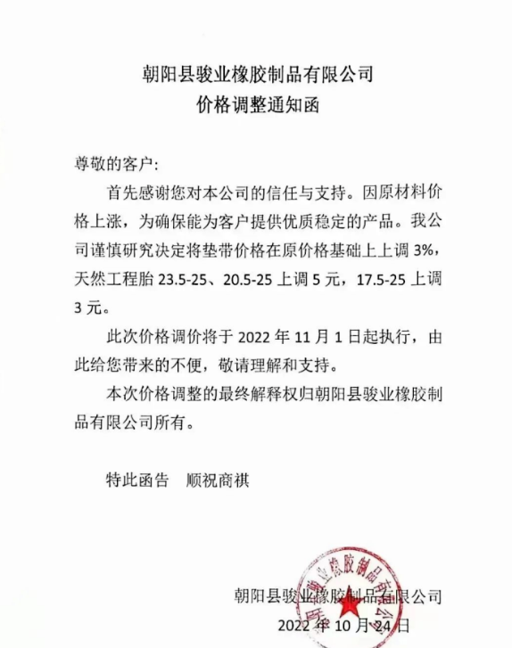 朝陽縣駿業(yè)橡膠制品有限公司表示,11月1日起墊帶產品價格上調3%,天然工程胎23.5-25、20.5-25上調5元,17.5-25上調3元。 朝陽縣駿業(yè)橡膠制品有限公司表示,11月1日起墊帶產品價格上調3%,天然工程胎23.5-25、20.5-25上調5元,17.5-25上調3元。
