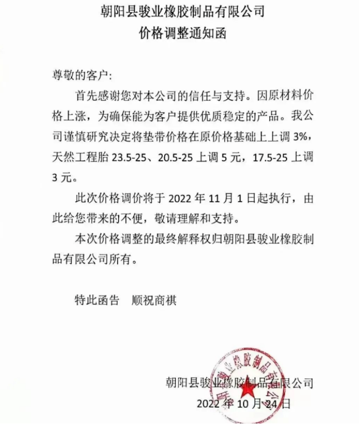 朝陽縣駿業橡膠制品有限公司表示，11月1日起墊帶產品價格上調3%，天然工程胎23.5-25、20.5-25上調5元，17.5-25上調3元。