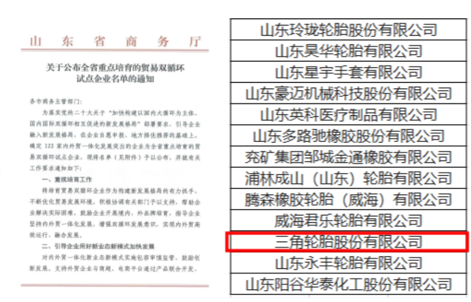 三角輪胎作為內外貿發展突出的企業和資源綜合利用的先進單位，成功入選兩項名單。