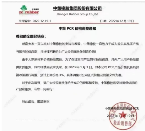 12月19日,中策橡膠剛發(fā)布了一張漲價(jià)通知,表示由于原材料價(jià)格持續(xù)高位,為了保證產(chǎn)品的持續(xù)供應(yīng),宣布自2023年1月1日起,對(duì)其公司PCR產(chǎn)品價(jià)格及各項(xiàng)促銷政策進(jìn)行調(diào)整,預(yù)計(jì)上調(diào)價(jià)格3%。 12月19日,中策橡膠剛發(fā)布了一張漲價(jià)通知,表示由于原材料價(jià)格持續(xù)高位,為了保證產(chǎn)品的持續(xù)供應(yīng),宣布自2023年1月1日起,對(duì)其公司PCR產(chǎn)品價(jià)格及各項(xiàng)促銷政策進(jìn)行調(diào)整,預(yù)計(jì)上調(diào)價(jià)格3%。