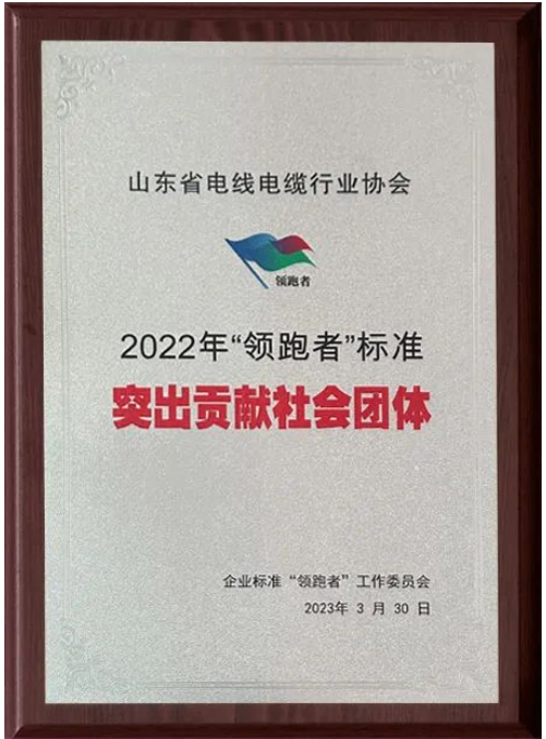 會上，山東省電線電纜行業(yè)協(xié)會獲“2022年‘領(lǐng)跑者’標(biāo)準(zhǔn)突出貢獻(xiàn)社會團(tuán)體”“2022年‘領(lǐng)跑者’榜單突出貢獻(xiàn)評估機(jī)構(gòu)”兩項殊榮。授牌儀式隆重舉行，這也標(biāo)志著山東省電線電纜行業(yè)協(xié)會在企業(yè)標(biāo)準(zhǔn)“領(lǐng)跑者”制度的評價工作中取得了重要成果。