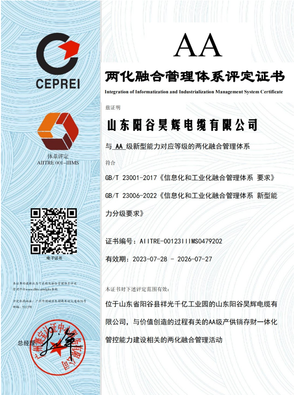 ,山東陽谷昊輝電纜有限公司在兩化融合管理體系貫標工作取得階段性成果,成功通過體系評定,并獲得由國家工信部授權(quán)的評定機構(gòu)——廣州賽寶認證中心服務(wù)有限公司頒發(fā)的兩化融合管理體系A(chǔ)A級評定證書。