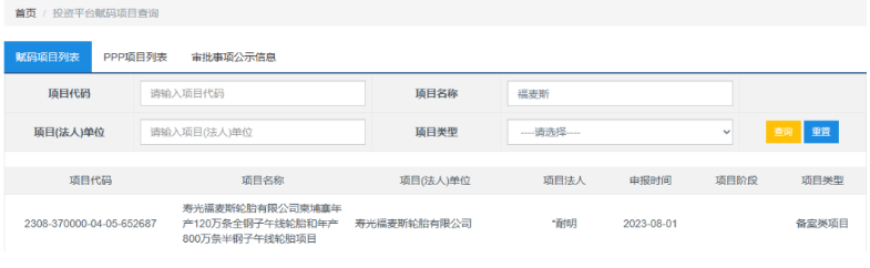山東省投資項目在線審批監(jiān)管平臺披露，壽光福麥斯輪胎有限公司“柬埔寨年產120萬條全鋼子午線輪胎和年產800萬條半鋼子午線輪胎項目”備案。