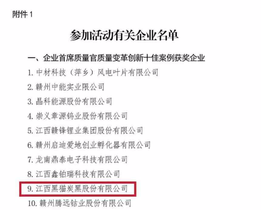 江西省贛市監(jiān)辦質(zhì)函〔2023〕4號發(fā)布了首屆企業(yè)首席質(zhì)量官“十佳”創(chuàng)新案例評選的結(jié)果。在這項評選中，黑貓股份憑借其卓越的質(zhì)量改革創(chuàng)新成績榮獲江西省質(zhì)量改革創(chuàng)新“十佳”案例獎項。