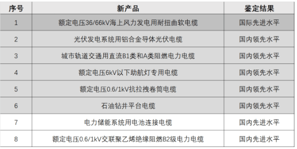 新疆維吾爾自治區工信廳科技質量處副處長陳捷在開工典禮上對新纜廠自主研發的8款創新產品技術進行了權威鑒定。據了解，其中一款名為“額定電壓36/66千伏海上風力發電用耐扭曲軟電纜”的產品達到了國際先進水平。此外，還有名為“鋁合金芯光伏線”和“儲能系統用電池連接電纜”的7款產品達到了國內先進水平。