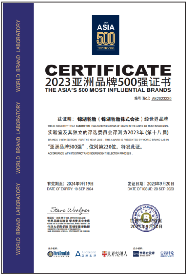 錦湖輪胎進(jìn)入《亞洲品牌500強(qiáng)》榜單，再次彰顯實力