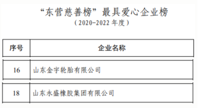 與此同時，金宇輪胎和永盛橡膠還榜上有名，入選了東營市最具愛心企業榜，這反映出這些企業在社會公益事業上的積極參與和貢獻。