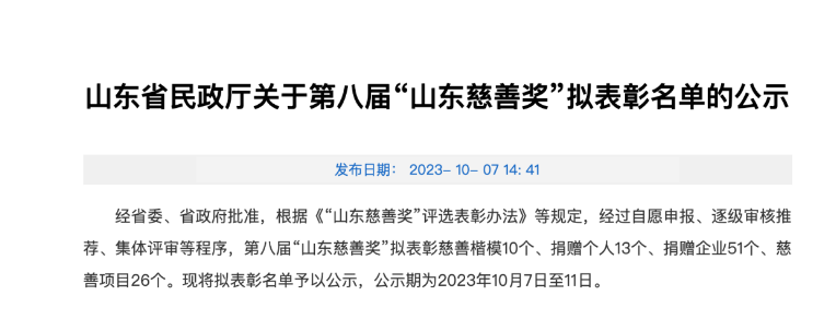 山東省民政廳發(fā)布了關(guān)于第八屆“山東慈善獎”擬表彰名單的公示，為表彰在慈善事業(yè)中做出杰出貢獻的機構(gòu)和企業(yè)。本屆慈善獎的獲獎名單中，成山集團有限公司、華勤橡膠工業(yè)集團有限公司以及三角輪胎股份有限公司等企業(yè)脫穎而出，獲得了捐贈企業(yè)獎。