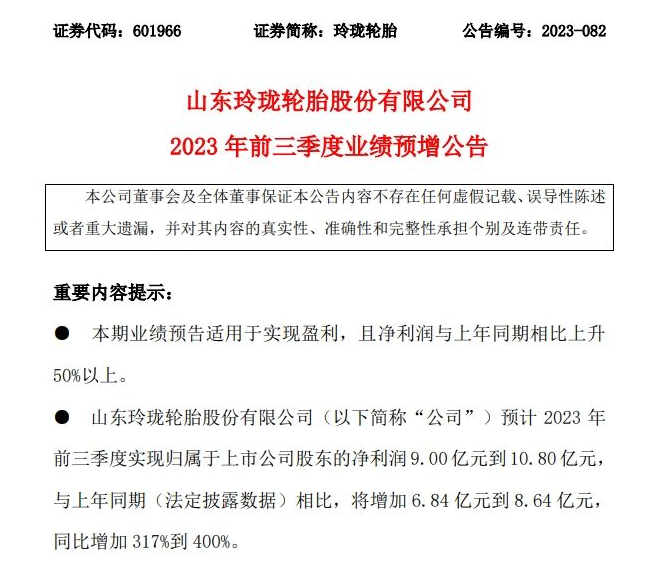 日前，山東玲瓏輪胎股份有限公司發(fā)布了2023年前三季度業(yè)績預(yù)增公告，預(yù)計(jì)實(shí)現(xiàn)歸屬于上市公司股東的凈利潤9.00億元到10.80億元，同比增加317%到400%。