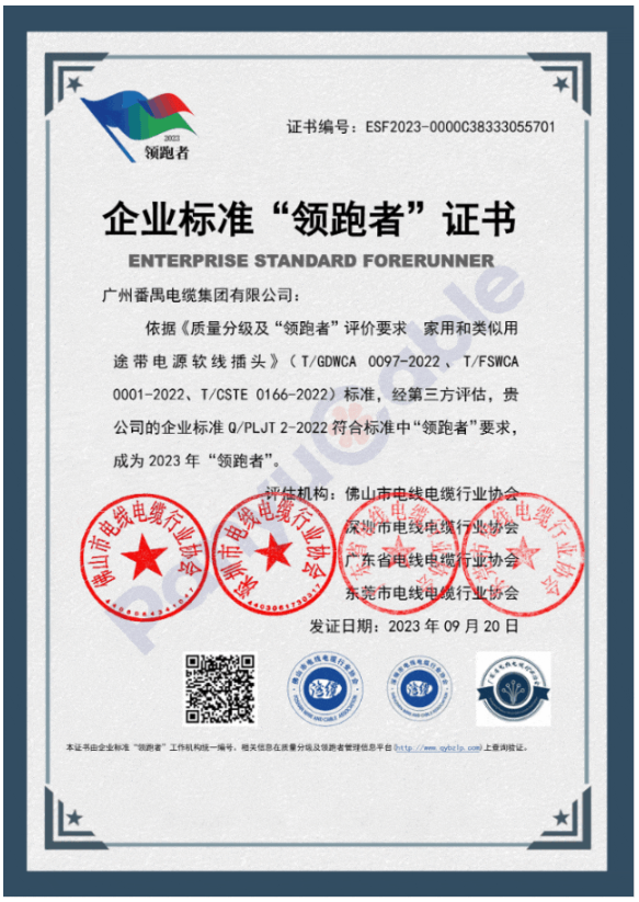 宣布了2023年首批民營企業國家級“領跑者”名單。其中，番纜集團憑借其柔性防火電纜、橡套電線電纜、家用和類似用途交流帶插頭電源軟線產品的卓越品質，榮獲2023年度民營企業標準“領跑者”證書，為該行業樹立了新的標桿。